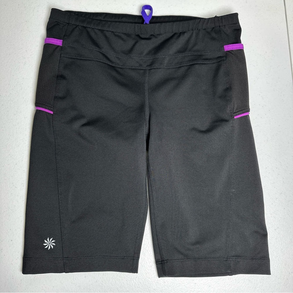 Athleta Black Biker Shorts with Purple Highlights side phone pocket
